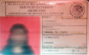 English: Specimen of the laminated Mexican CID card (low-security) (front side) A.K.A. Matricula Consular. Author: United States Government Accountability Office (GAO). August 2004.