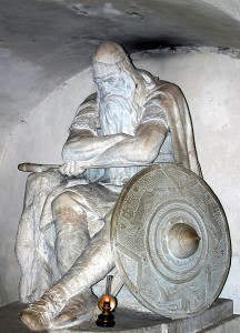 Holger Danske, also known as Ogier the Dane, was a legendary Danish warrior and knight in Charlemagne's army. The statue is made by H.P. Pedersen-Dans, and is found in the cellar (kasematterne) of Kronborg Castle, Denmark. Here he sleeps until Denmark is in danger and needs his help. This file was made by Malene Thyssen. 