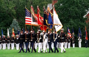 Joint Service Color Guard advances the colors during the retirement ceremony of Chairman of the Joint Chiefs of Staff Gen. Henry H. Shelton, at Fort Myer, Va., on Oct. 2, 2001. DoD photo by Helene C. Stikkel. (Released)