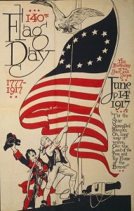 140th US Flag Day poster. 1777-1917. The birthday of the stars and stripes, June 14th, 1917. 'Tis the Star Spangled Banner, oh, long may it wave, o'er the land of the free and the home of the brave!" Library of Congress description: "Poster showing a man raising the American flag, with a minuteman cheering and an eagle flying above." 1917 http://en.wikipedia.org/wiki/File:US_Flag_Day_poster_1917.jpg 