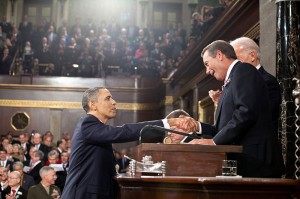 U.S. President Barack Obama is greeted by Speaker of the House John Boehner before delivering the 2011 State of the Union Address.  Author: Pete Souza