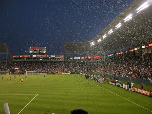 Home Depot center - Galaxy scored a goal. The crowd at the Home Depot Center throw confetti after the LA Galaxy score in a 2004 game against the San Jose Earthquakes.  July 4, 2004. Author: GreatInca