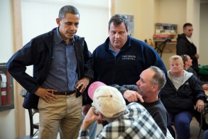  President Barack Obama and New Jersey Gov. Chris Christie talk with local residents at the Brigantine Beach Community Center in Brigantine, N.J., Oct. 31, 2012. (Official White House Photo by Pete Souza)