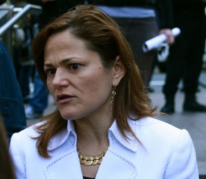 City Council Member Melissa Mark-Viverito speaks to a camera crew at Zuccotti Park, OWS epicenter, in New York on Monday, March 18, 2012. Community leaders and other officials protested the police brutality occupiers faced the week earlier. (NYCity News Service/Dennis O'Reilly)