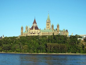 Parliament Hill in Ottawa, Ontario. Photographed by user Coolcaesar on July 4, 2014 from Gatineau, Quebec