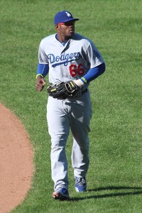 Yasiel Puig for the 2014 Los Angeles Dodgers against the 2014 Chicago Cubs at Wrigley Field. Author: TonytheTiger