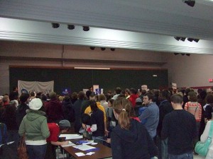 Democratic caucusgoers gather in a precinct caucus in Iowa City, Iowa January 3, 2008.