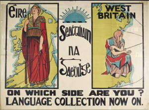  From the National Museum of Ireland description: "The poster depicts two female figures, one representing Éire, the other 'West Britain'. Éire is dressed in a red robe with decorative interlace design at the top; she holds a spear in her hand and ribbons that connect her to ships dotted around the coast of Ireland. West Britain, is dressed in the Union Jack and crouches on the east coast of Ireland looking towards England with outstretched palm."  Author:Frances Georgiana Chenevix Trench (aka Sadhbh Trinseach)