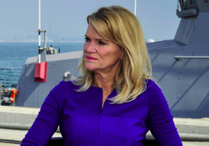 Photo of Martha Raddatz sitting down with John W. Miller, commander of U.S. Naval Forces Central Command, U.S. 5th Fleet, Combined Maritime Forces, sits down for an interview.